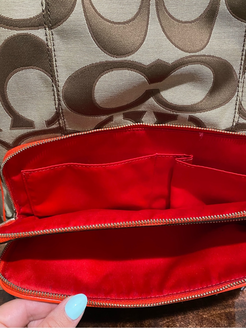 Coach Women Signature Canvas Backpack in Khaki with Orange Trim - Picture 3 of 16